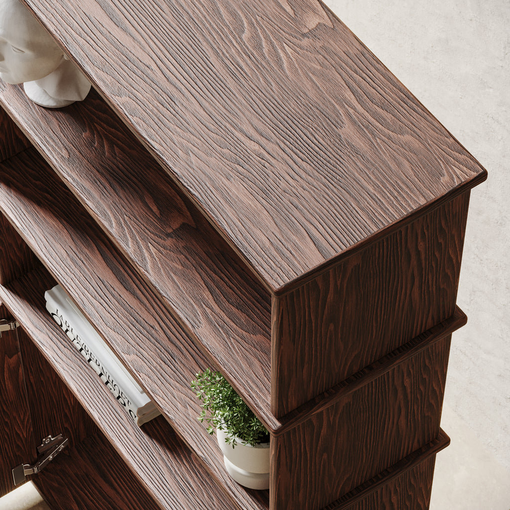 Walnut bookcase with a cabinet top view