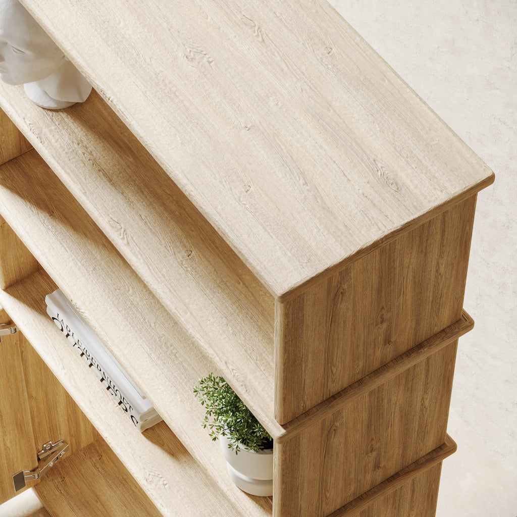 White oak bookshelf with a cabinet top view