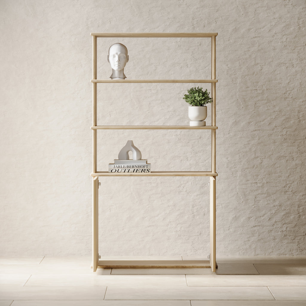 White oak bookshelf with an open cabinet