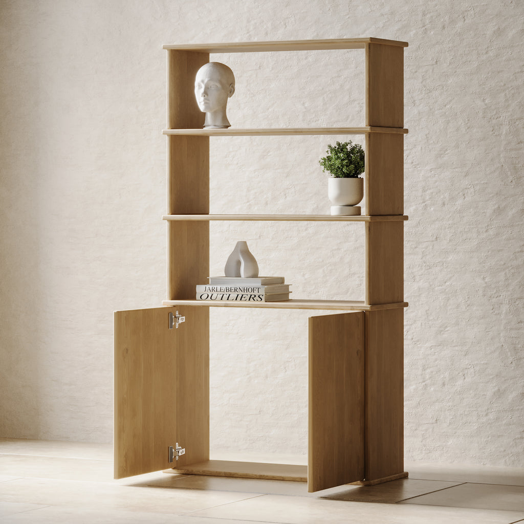 White oak bookshelf with storage