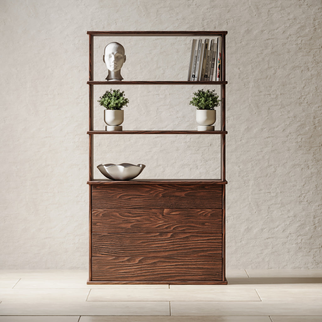 Wooden bookshelf with drawers