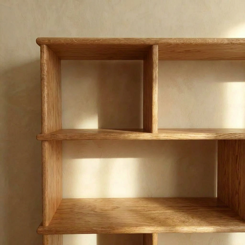 A close-up of the Asymmetric bookcase in red oak, featuring three empty shelves and casting soft shadows on a beige wall in warm, natural light.