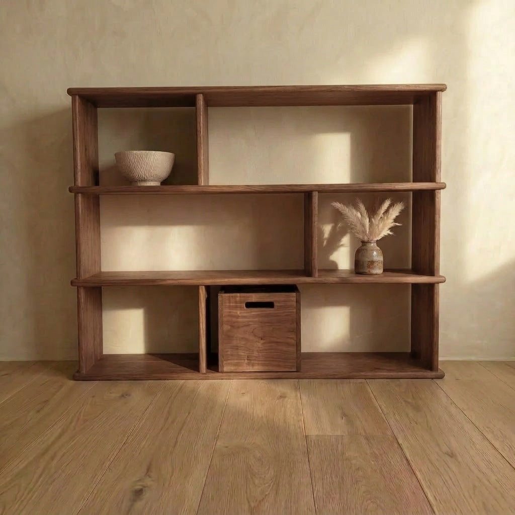 The Asymmetric bookcase in walnut, handmade in Vancouver, stands against a beige wall on a wooden floor, displaying a textured bowl, small vase with pampas grass, and wooden storage box. Most shelves remain empty.