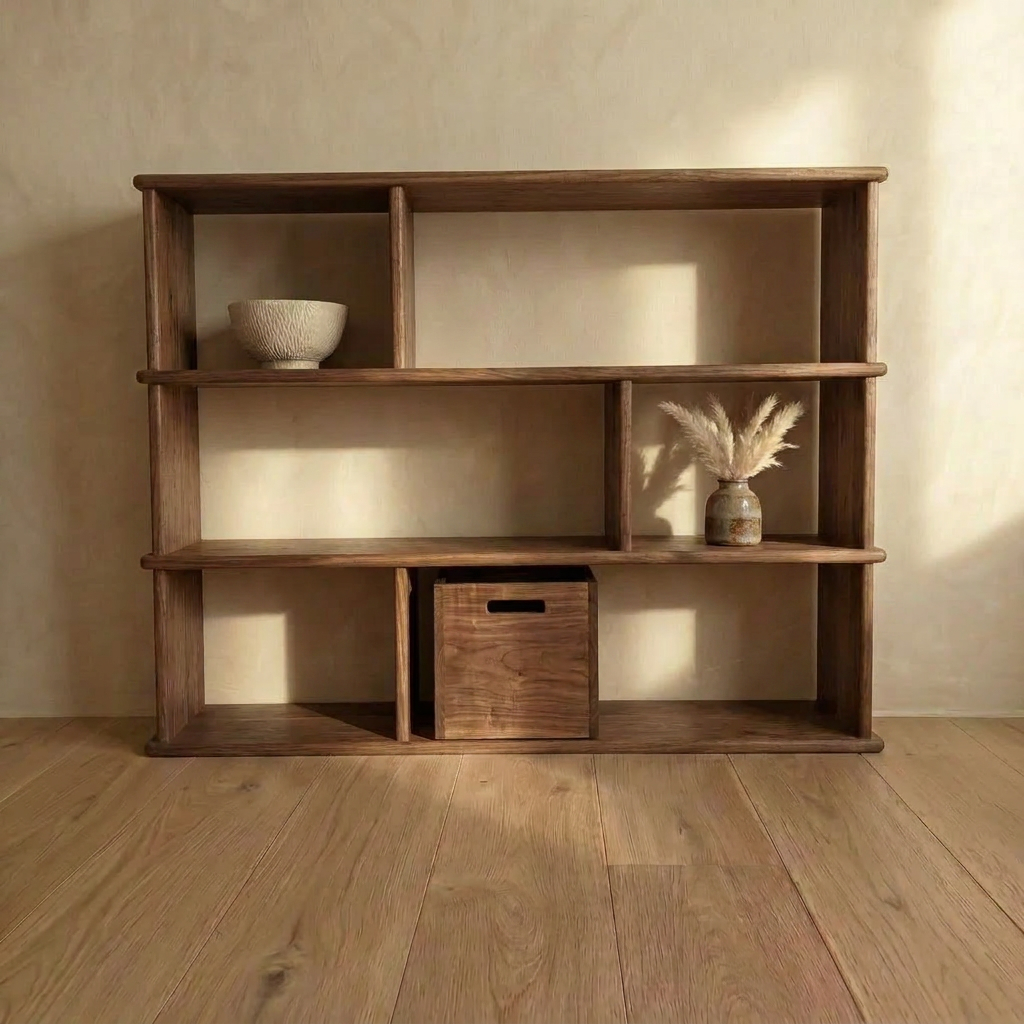 The Asymmetric bookcase in walnut, handmade in Vancouver, stands against a beige wall on a wooden floor, displaying a textured bowl, small vase with pampas grass, and wooden storage box. Most shelves remain empty.
