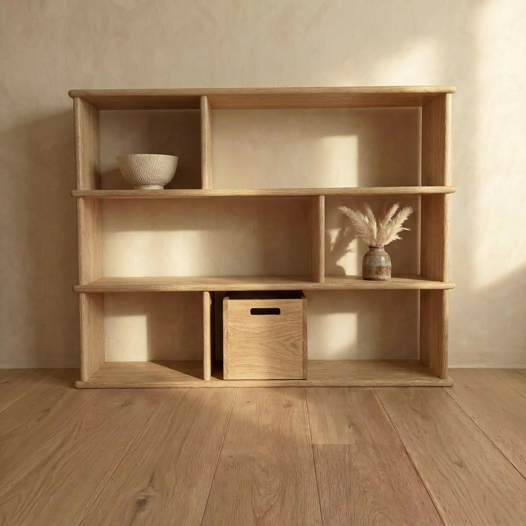 An asymmetric bookcase in white oak with nine compartments stands on a wooden floor, displaying a textured bowl, vase with dried grass, and a wooden storage box in minimalist style against a beige wall.