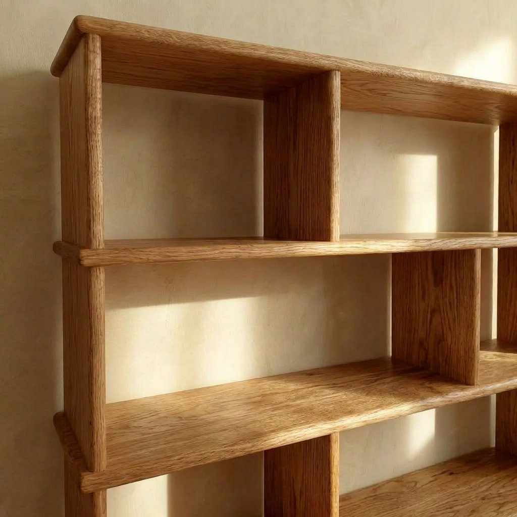 An Asymmetric bookcase in red oak with three empty shelves stands against a beige wall, softly lit by natural light that casts gentle shadows.