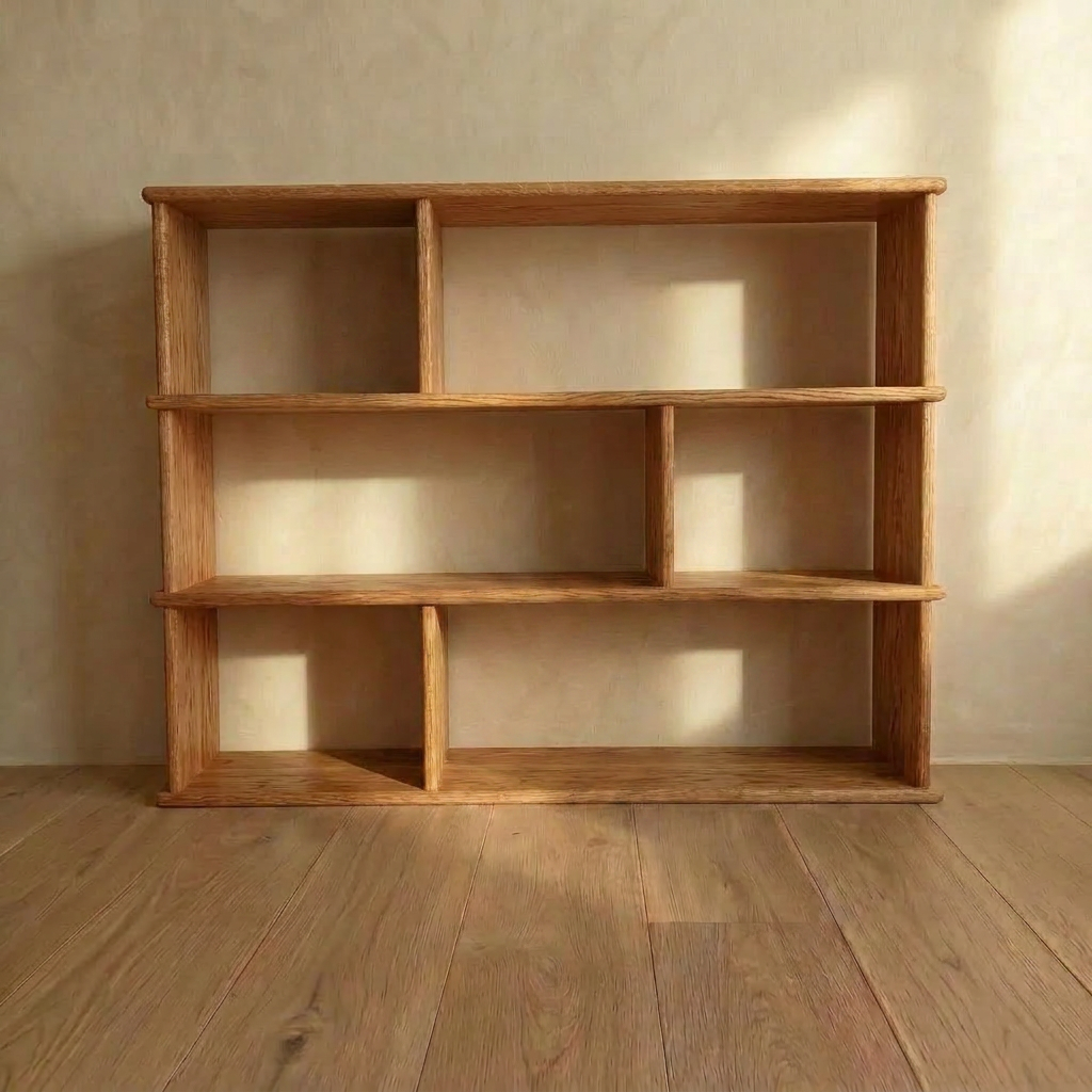 The Asymmetric bookcase in red oak stands empty against a beige wall on a wooden floor, bathed in soft natural light.