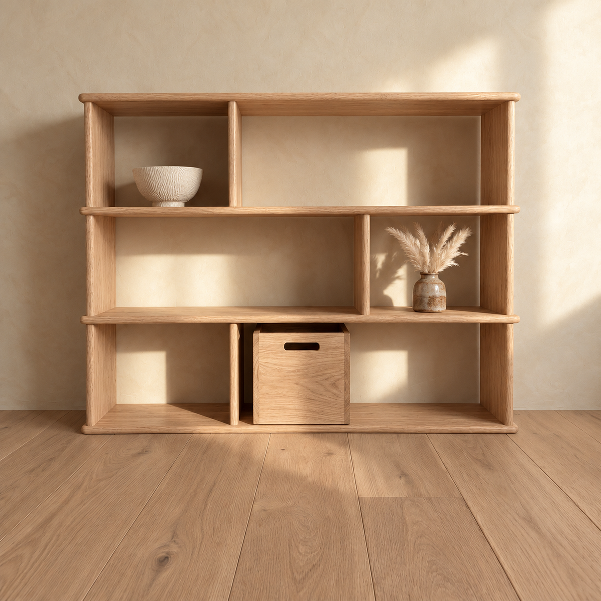 The asymmetric bookcase in white oak against a plaster wall in soft sunlight, with a bowl, a small vase of dried grass and a wooden storage box on its shelves.