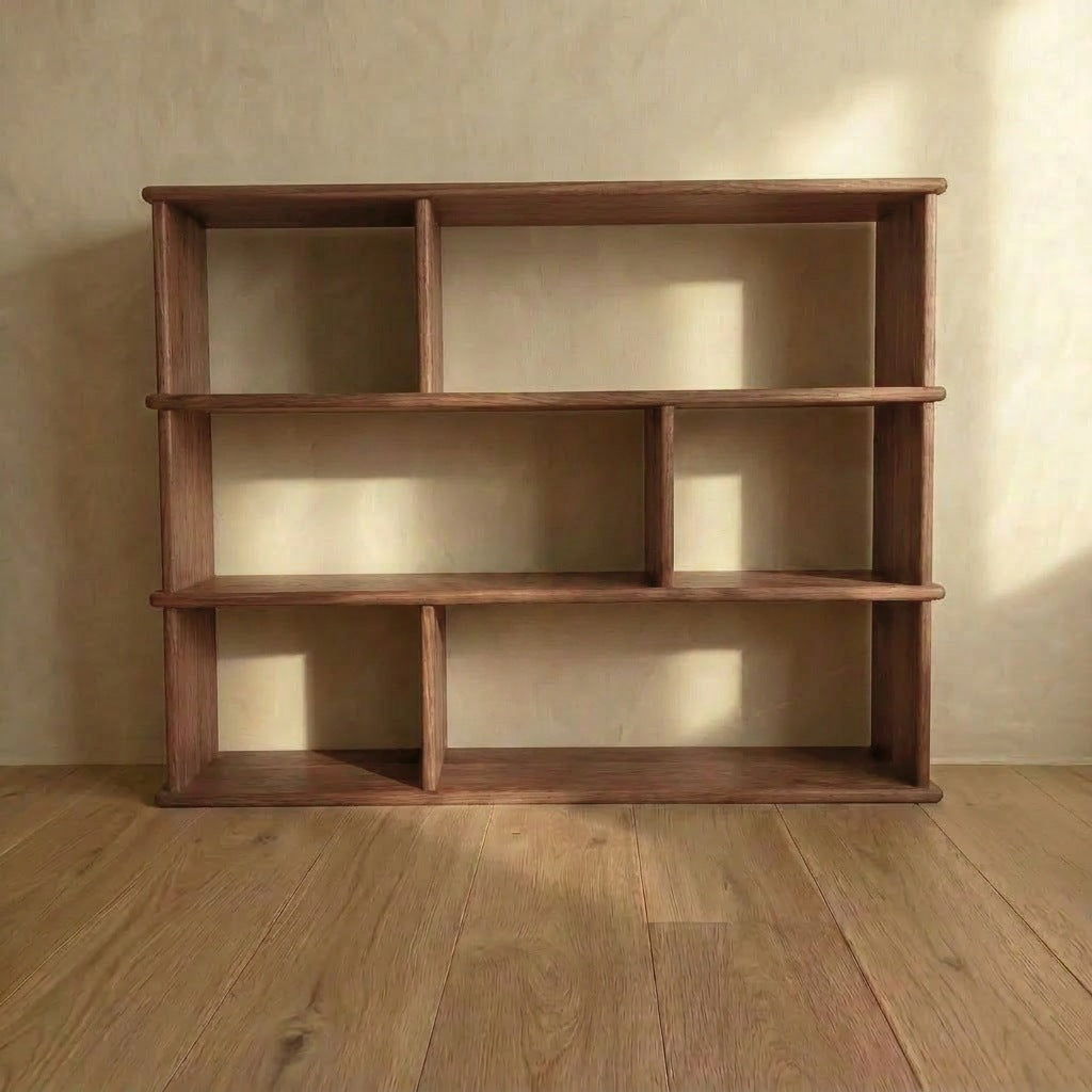 The Asymmetric bookcase in walnut stands empty on a wooden floor against a beige wall, handmade in Vancouver and illuminated by natural sunlight.