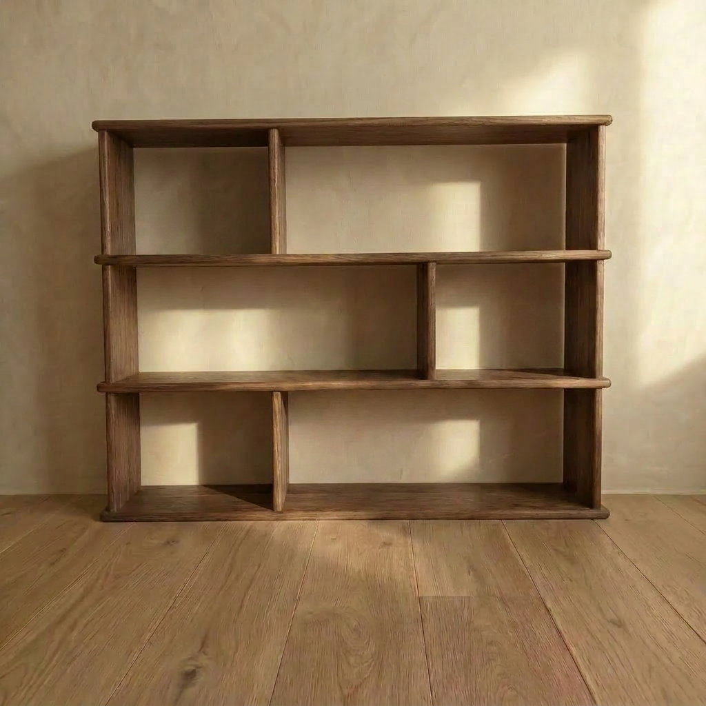 The Asymmetric bookcase in walnut stands empty on a wooden floor against a beige wall, handmade in Vancouver and illuminated by natural sunlight.
