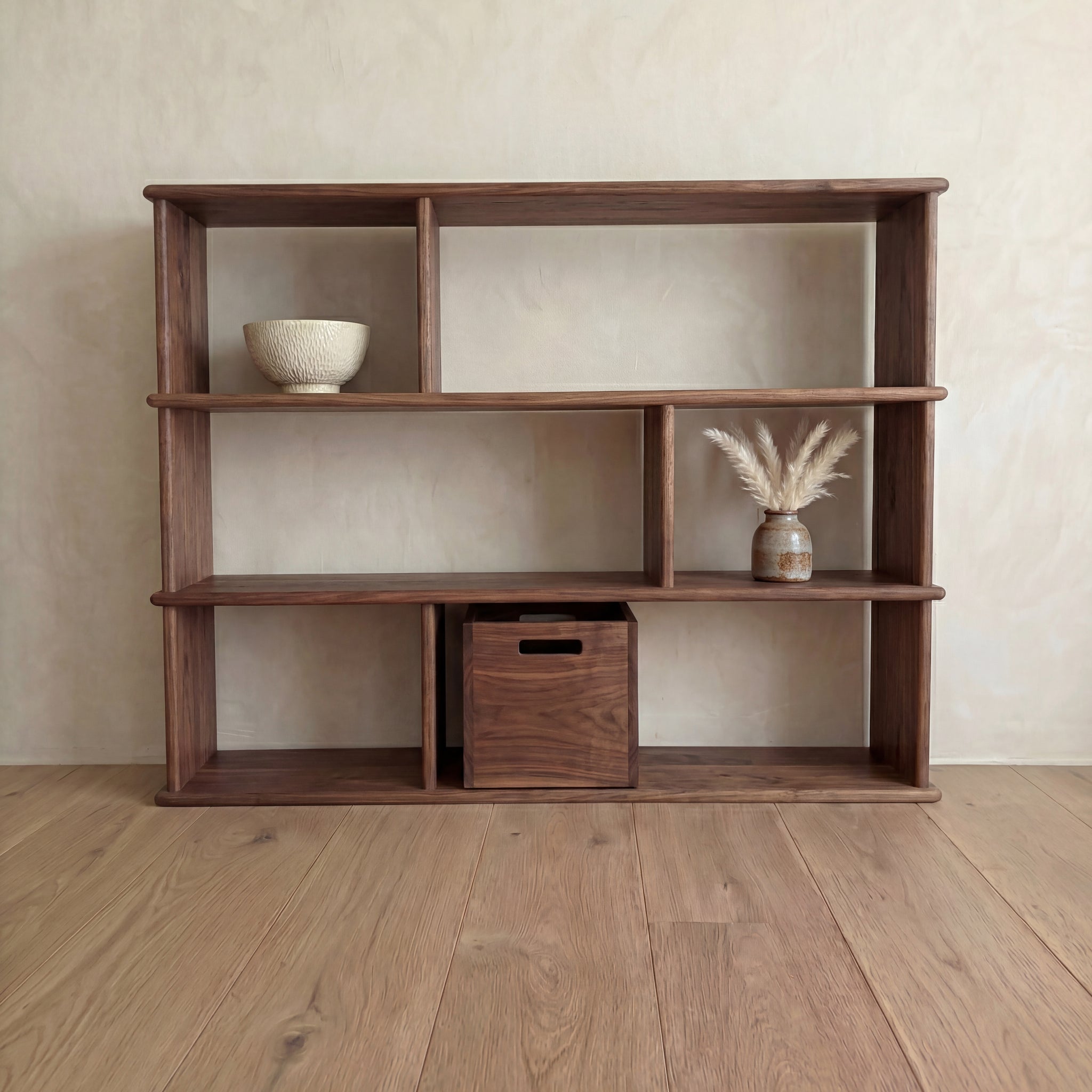 asymmetric walnut bookcase