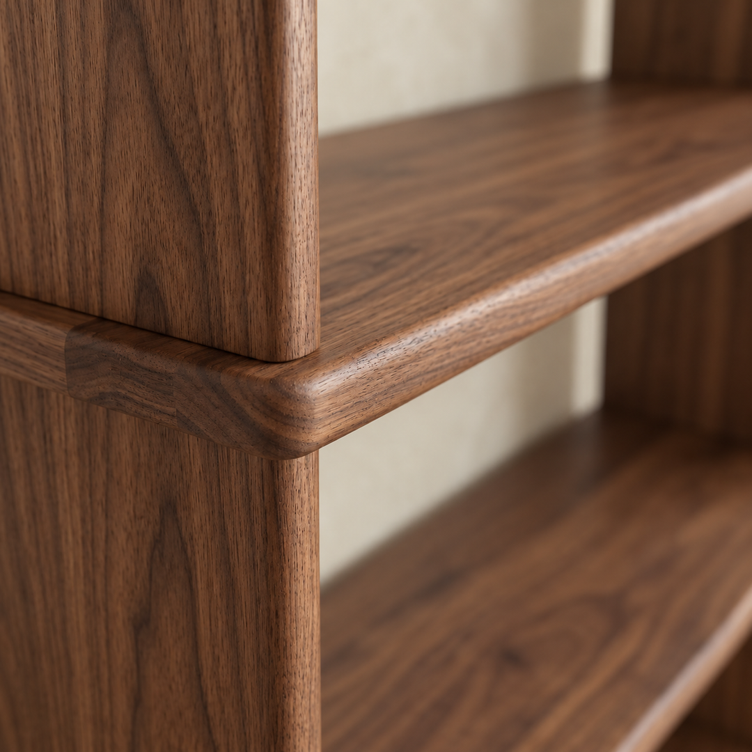 Close-up of a front corner of the walnut bookcase, where a shelf's rounded edge meets the solid side.