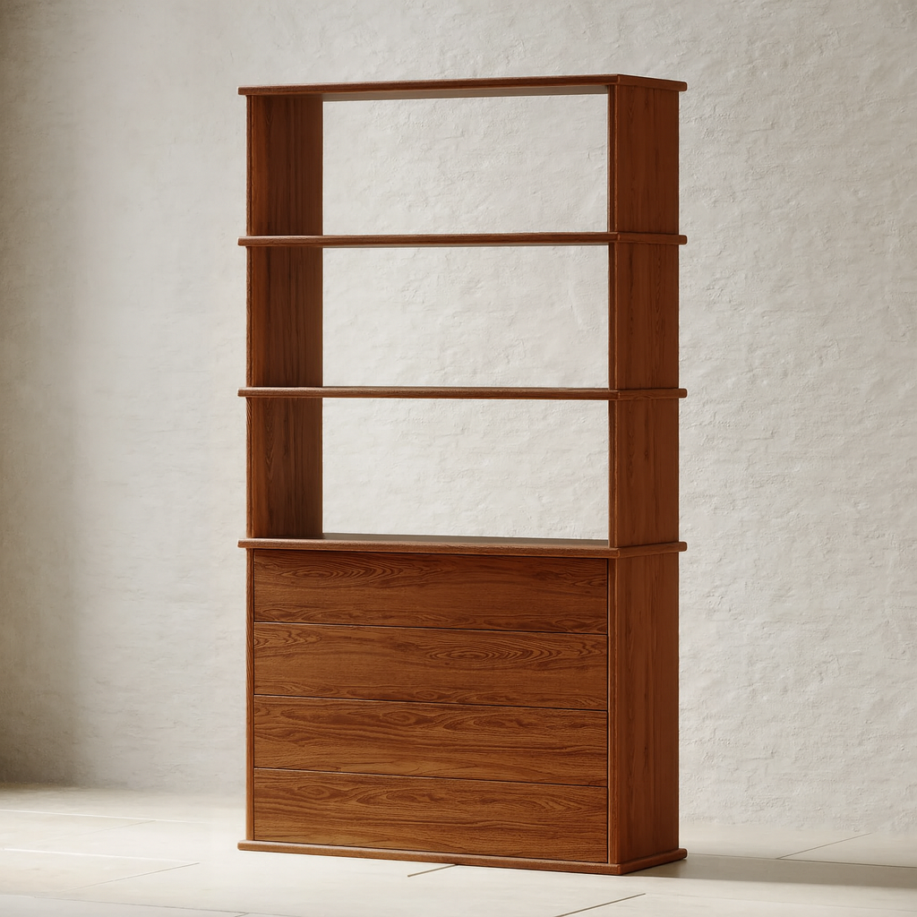 Bookcase with drawers in red oak