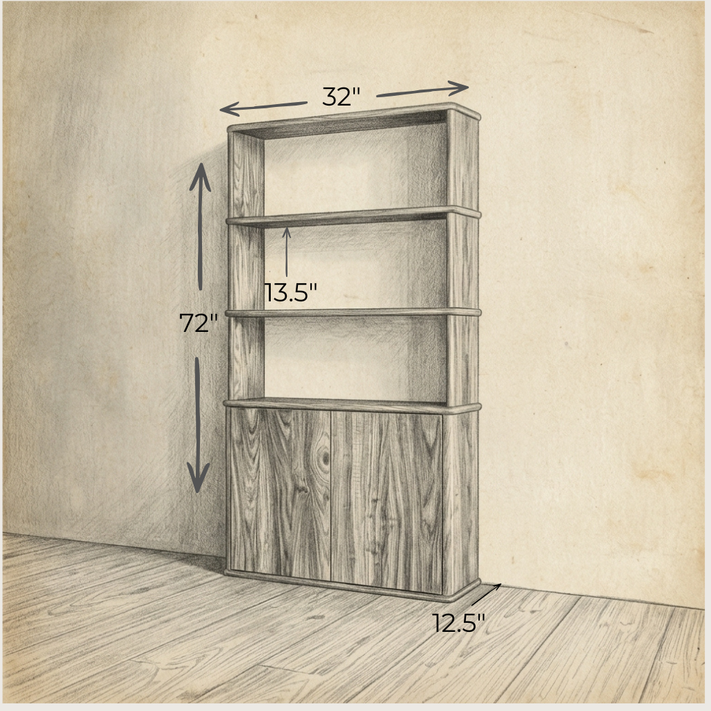 The Cabinet bookshelf in white oak features three spacious shelves and measures 72 inches tall, 32 inches wide, and 12.5 inches deep, with 13.5 inches between each shelf—standing elegantly against a wall on a wooden floor and exemplifying the quality craftsmanship of Vancouver furniture.