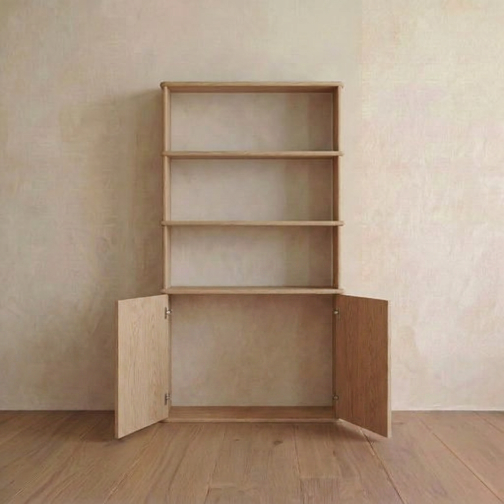 A cabinet bookshelf in white oak with three open shelves above and two open cabinet doors below, set against a plain beige wall and wooden floor—an elegant piece of Vancouver furniture.