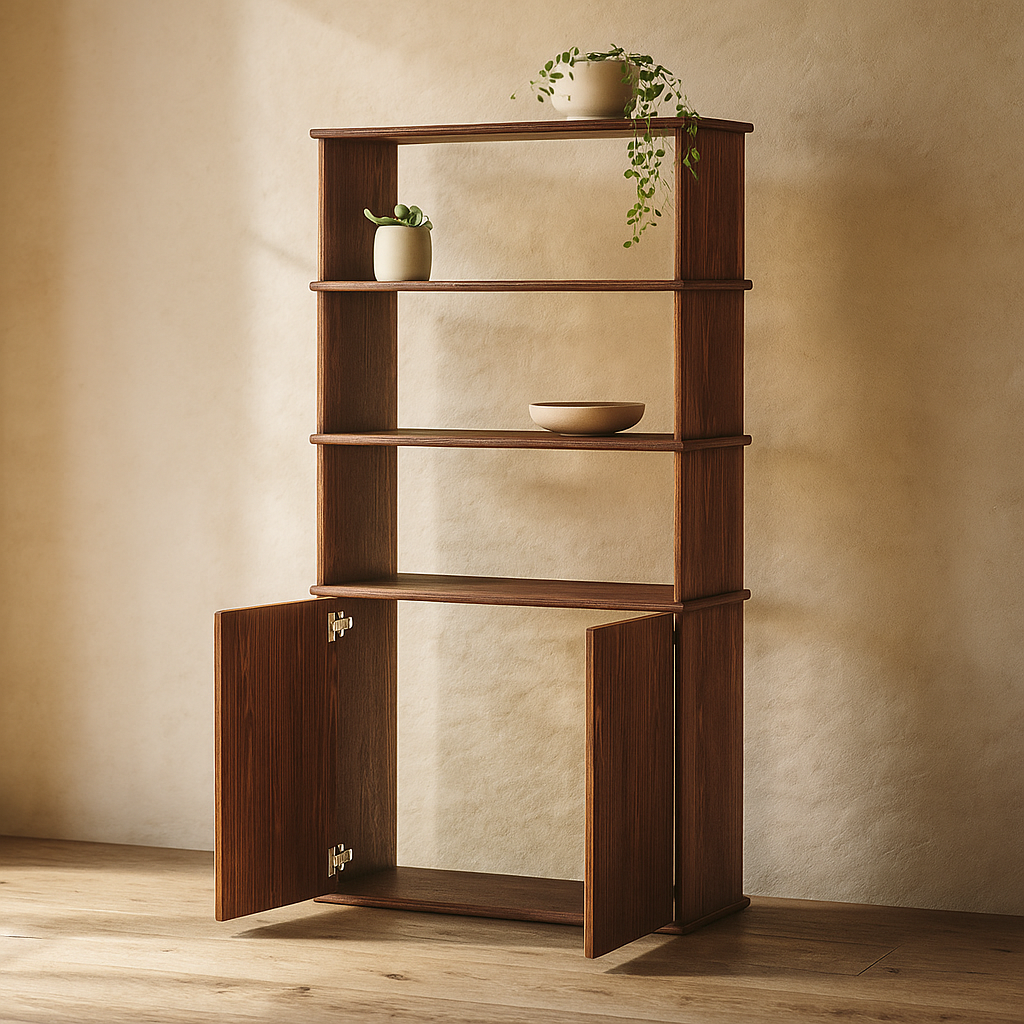 Cabinet bookshelf in walnut with doors open