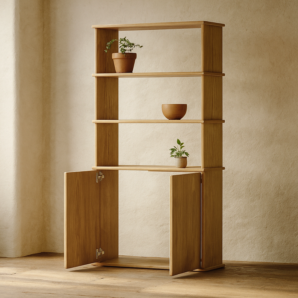 Cabinet bookshelf in white oak with doors open