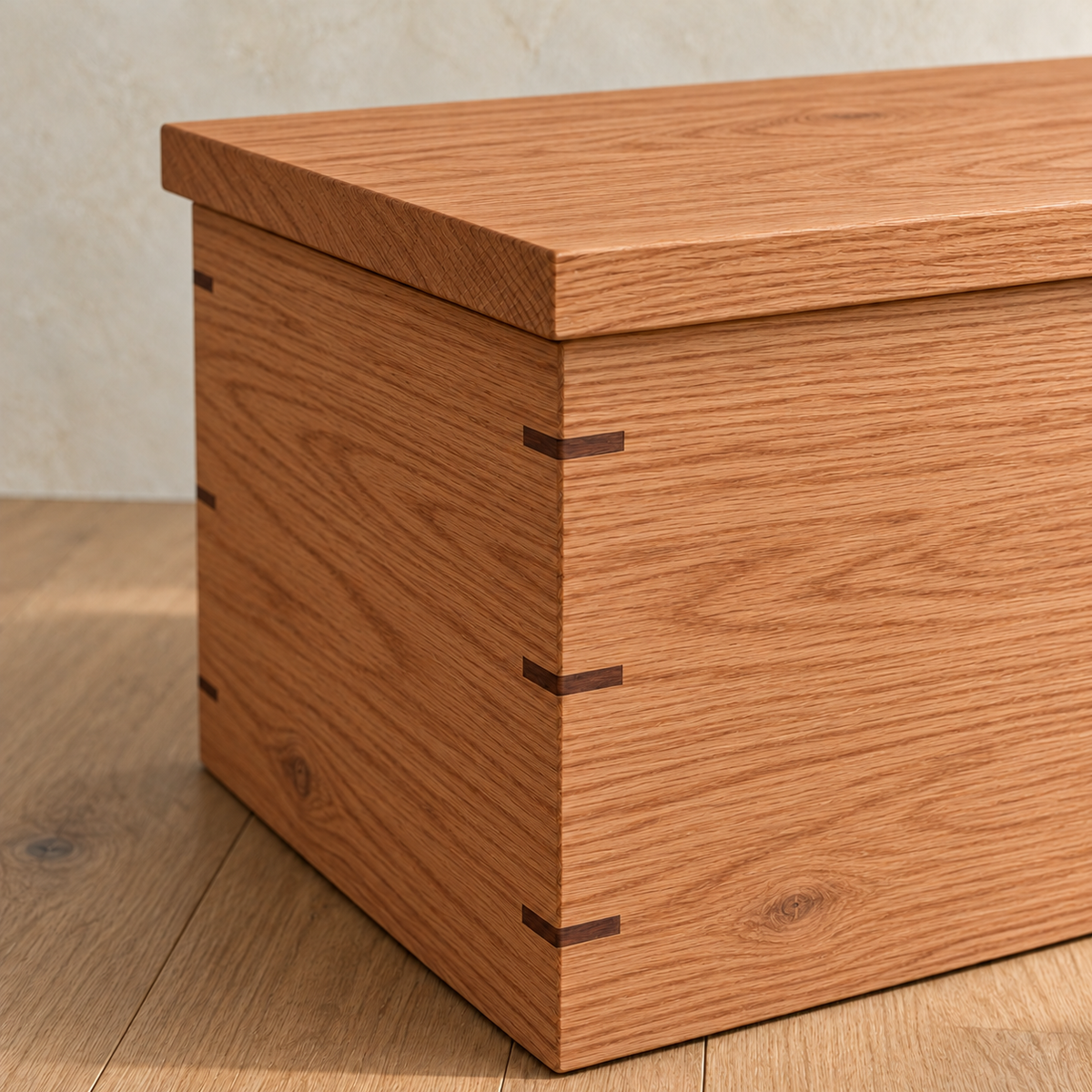 Close-up of a corner of the chest coffee table in red oak, showing the mitred corner, the walnut keys set across it and the overhanging lid.