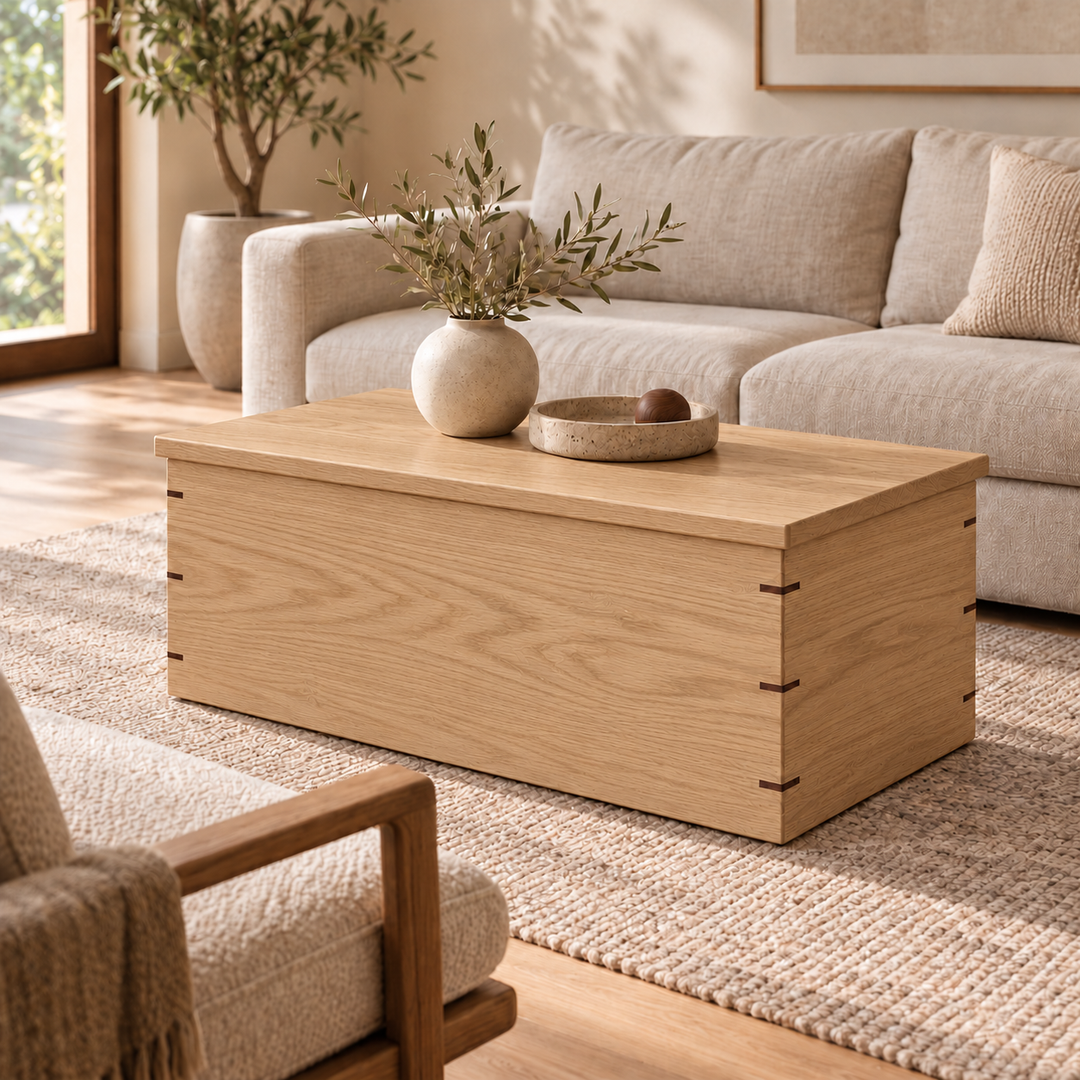 The chest coffee table in white oak in a bright living room in front of a sofa, with a vase of olive branches and a small bowl on top, on a woven rug.