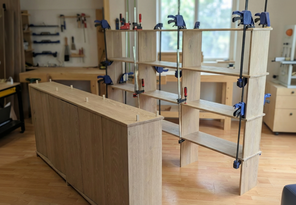 clamping large white oak bookcase