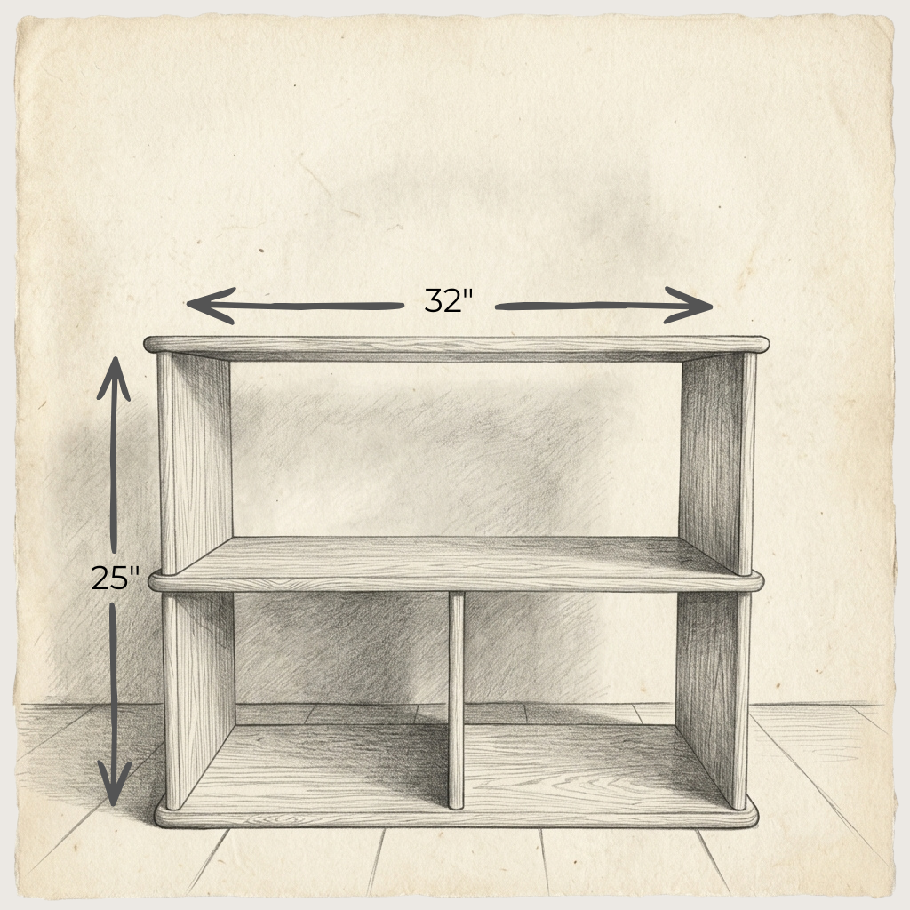 A pencil sketch of the Console bookcase in white oak shows two shelves with a middle divider. Dimensions are labeled: 32" wide and 25" tall, with arrows for width and height. Made from solid white oak for a handmade feel.