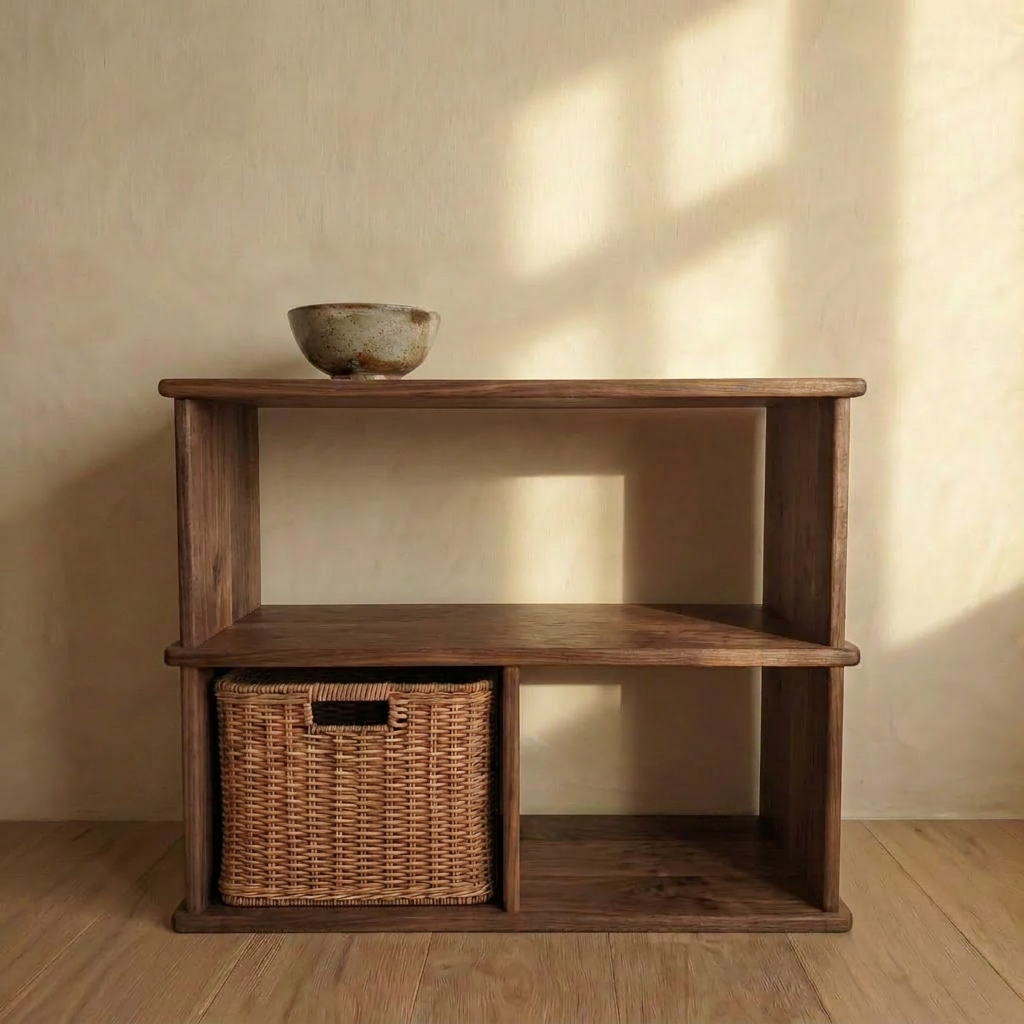 The Console bookcase in walnut stands against a beige wall, displaying a ceramic bowl on top and a woven basket on the lower left shelf as sunlight casts gentle shadows across the wall and floor.