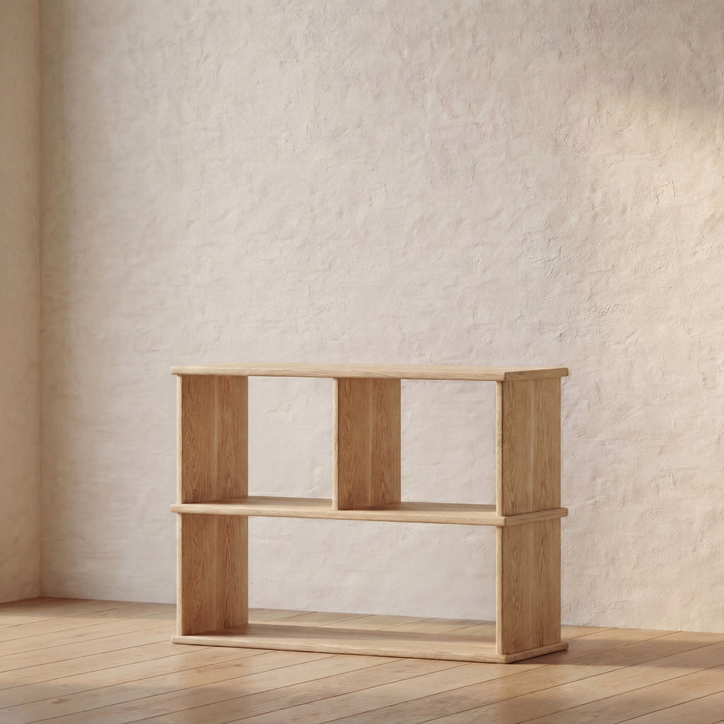 console bookcase in white oak