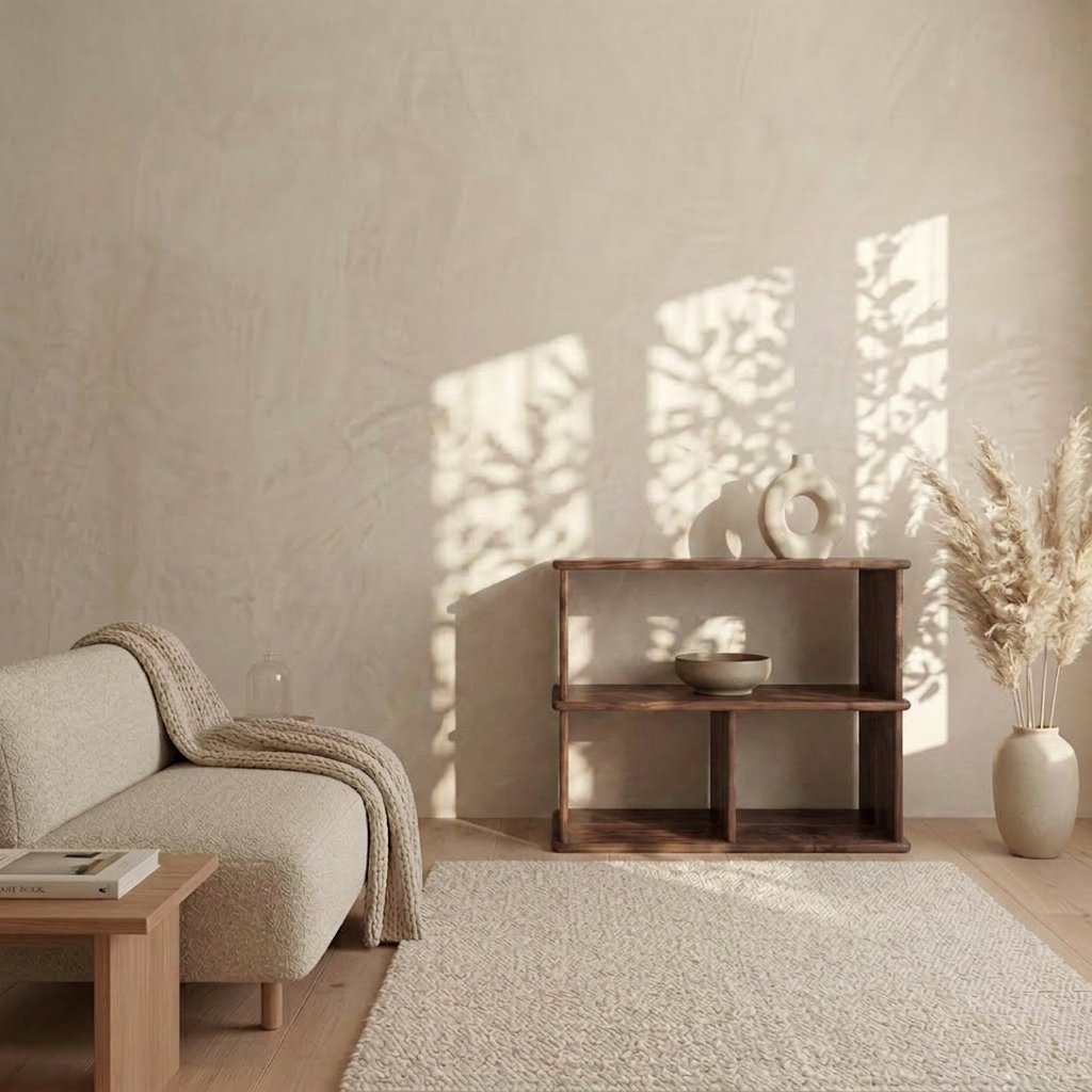 Minimalist living room with a light beige sofa, wooden coffee table, textured rug, and a Console bookcase in walnut holding decorative vases. Sunlight casts leaf shadows on the wall. A vase with pampas grass sits on the floor.