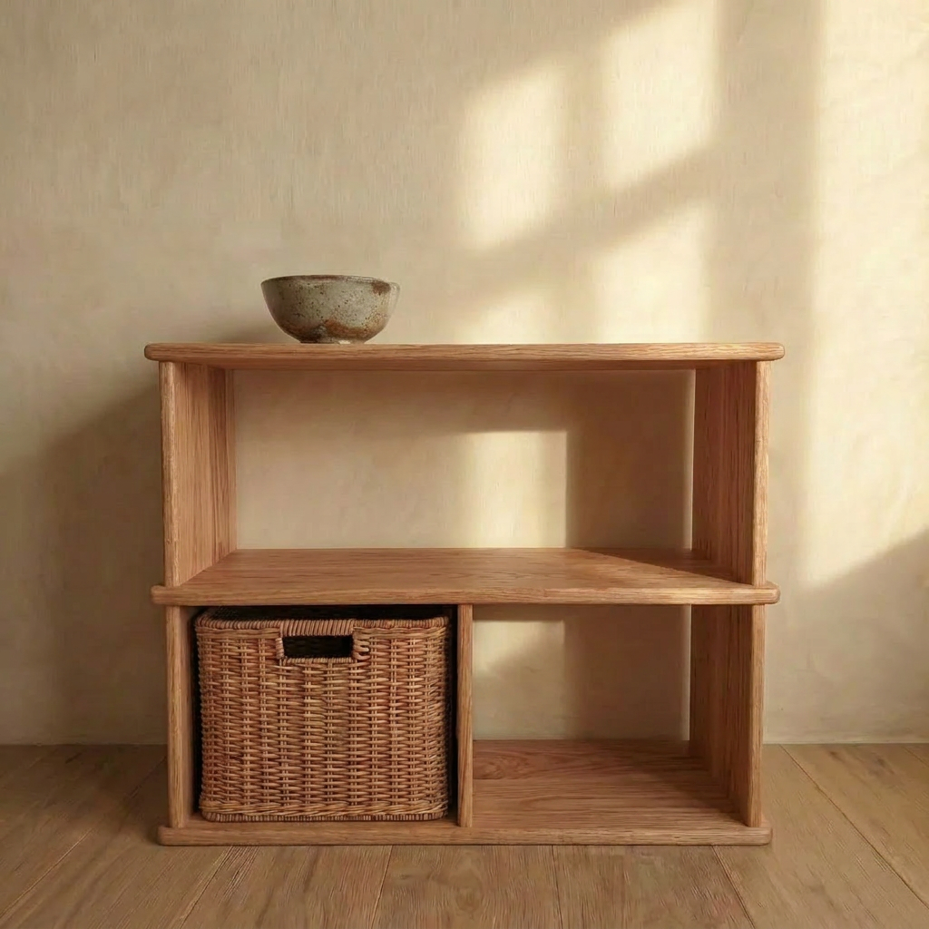 The Console bookcase in red oak, handcrafted in a minimalist style, is displayed against a beige wall with sunlight. A ceramic bowl rests on top while a woven basket sits in the lower left compartment, creating soft shadows.