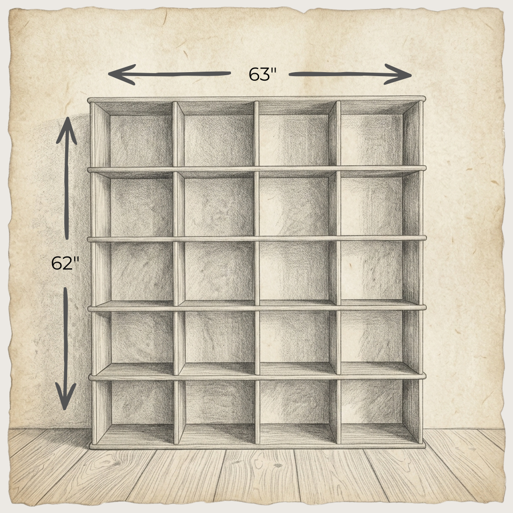 A sketch of the Cube bookshelf in walnut, a handmade piece featuring five rows and four columns, measuring 63 inches wide by 62 inches tall, displayed on a wood floor against an aged paper background. Arrows indicate the dimensions. Expertly crafted from solid walnut for durability and timeless style.