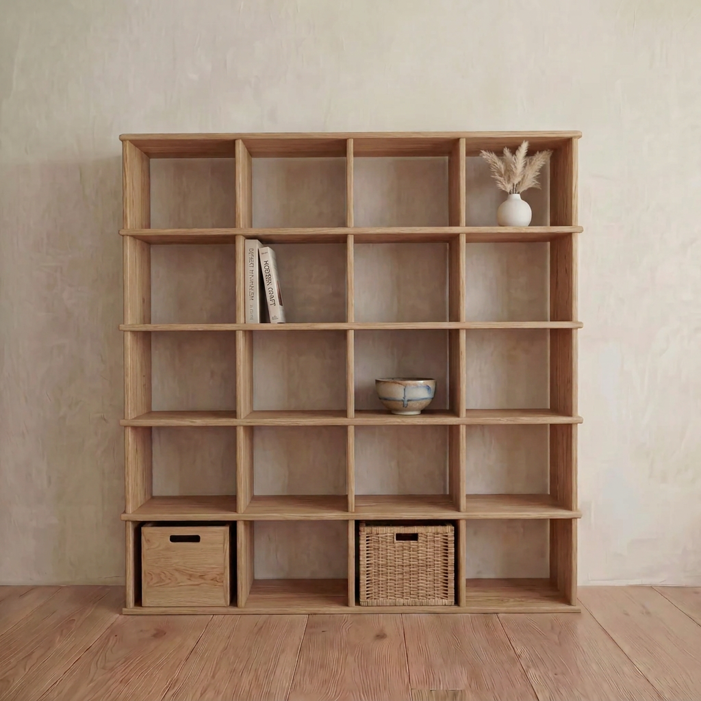 The Cube bookshelf in white oak, featuring 16 square compartments and decorated with books, a dried grass vase, a bowl, wooden box, and wicker basket, stands on a wooden floor against a plain wall in Vancouver.