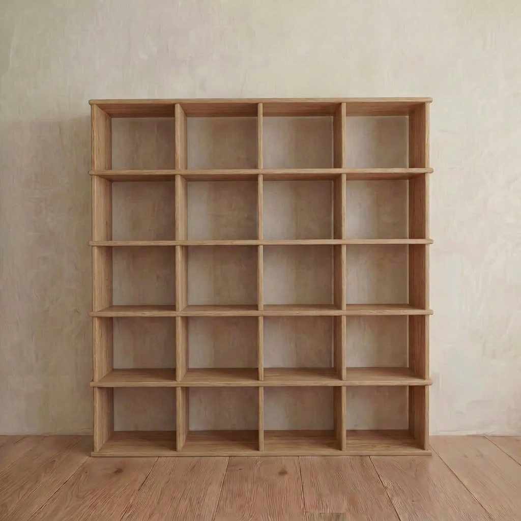 The Cube bookshelf in white oak, featuring a 4x5 grid of square shelves, stands empty by a beige wall on a wooden floor—an ideal fit for any Vancouver home.