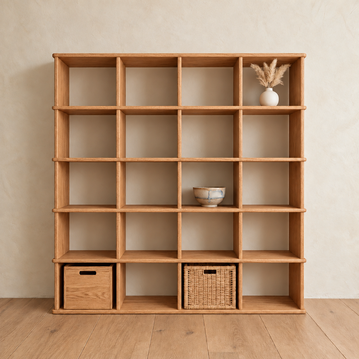 The cube bookshelf in red oak against a plaster wall, with a vase of dried grass in the top right cube, a ceramic bowl in the middle, and a wooden storage box and a woven basket in the bottom row.