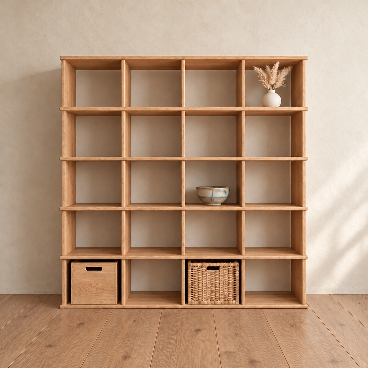The cube bookshelf in white oak against a plaster wall, with a vase of dried grass in the top right cube, a ceramic bowl in the middle, and a wooden storage box and a woven basket in the bottom row.