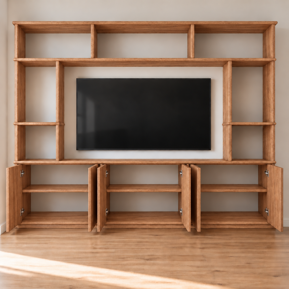 Entertainment center in red oak — doors open