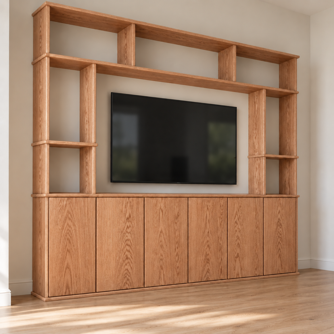 Entertainment center in red oak — left angle