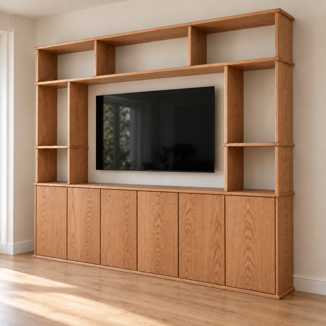 Entertainment center in red oak — right angle