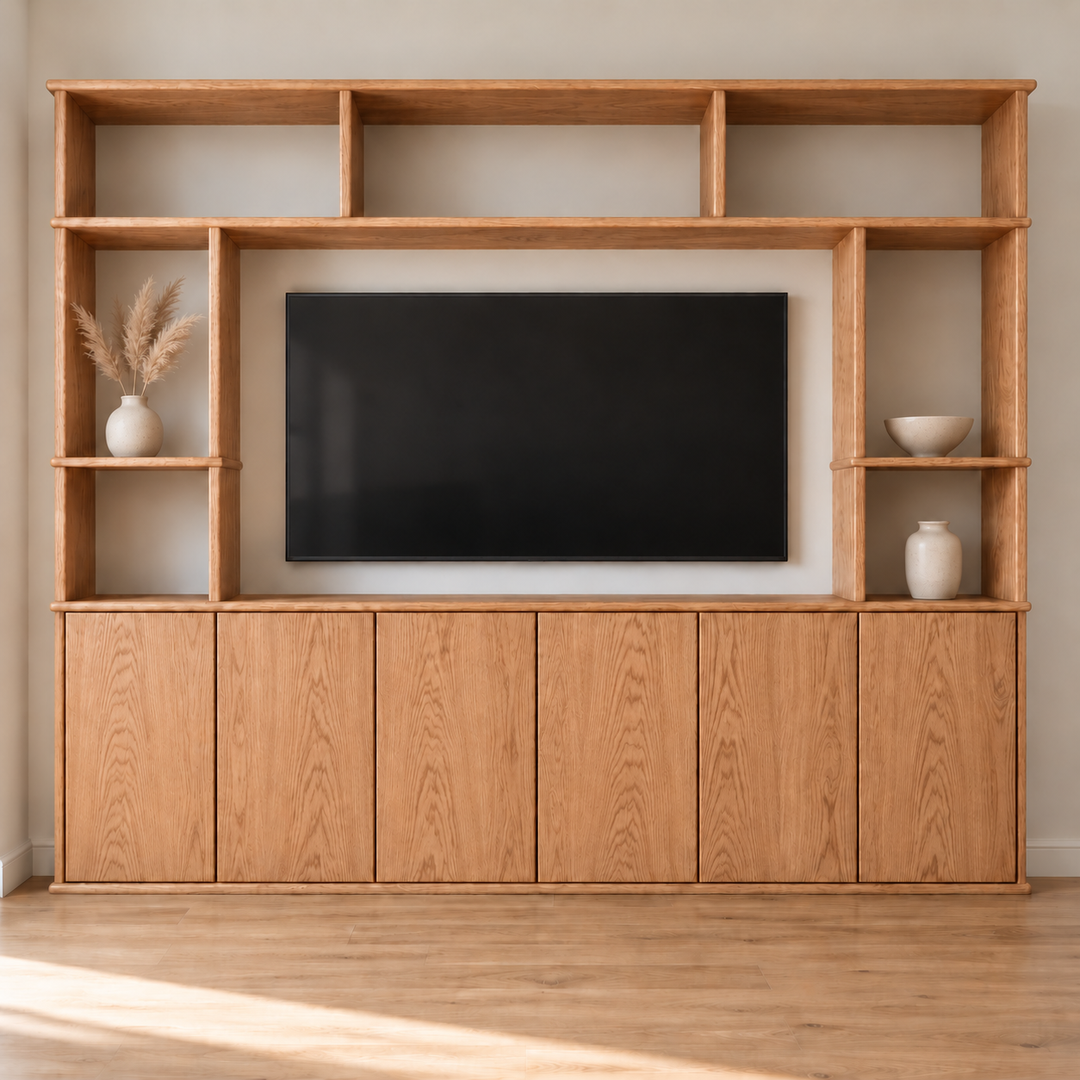 Entertainment center in red oak — with decor
