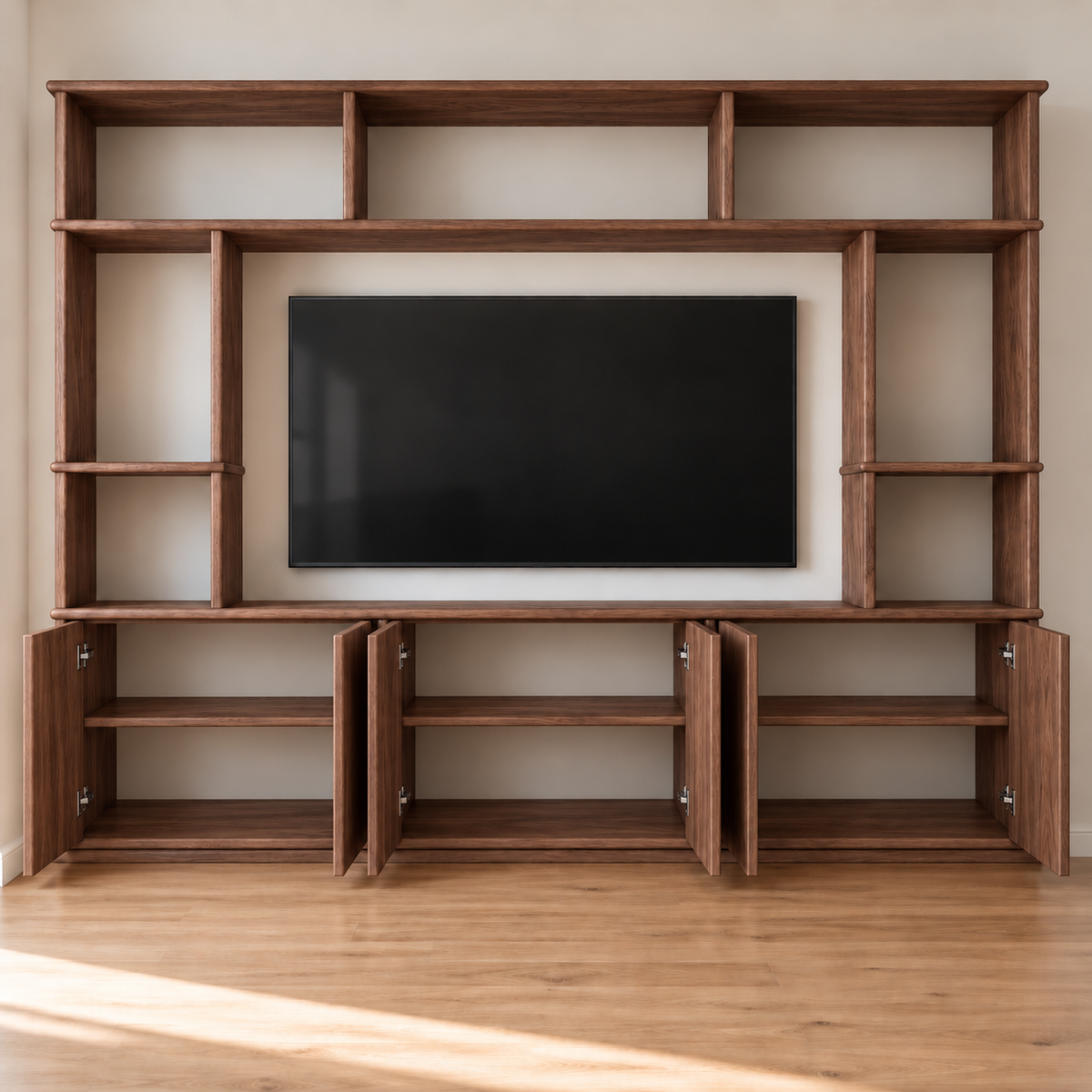 Entertainment center in walnut — doors open