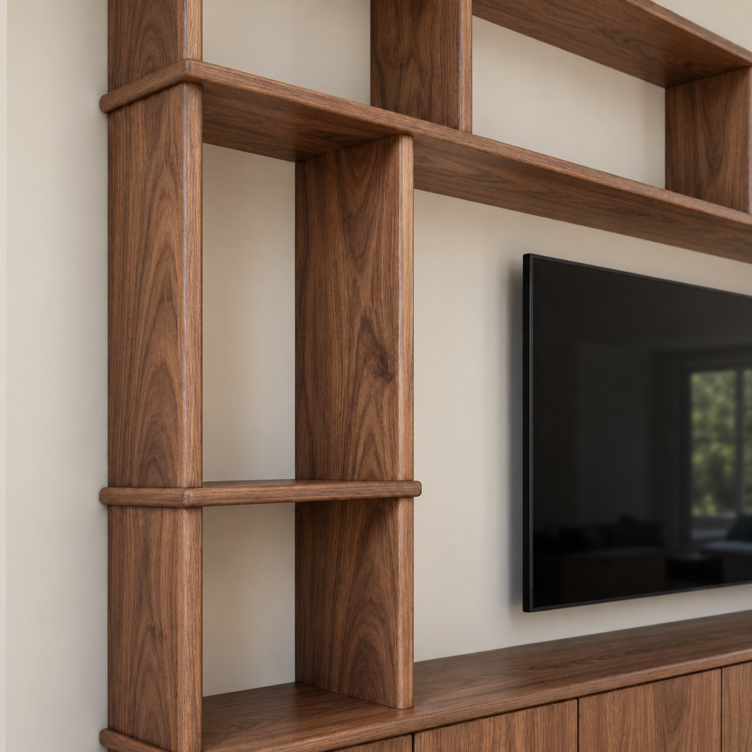 Entertainment center in walnut — shelf detail