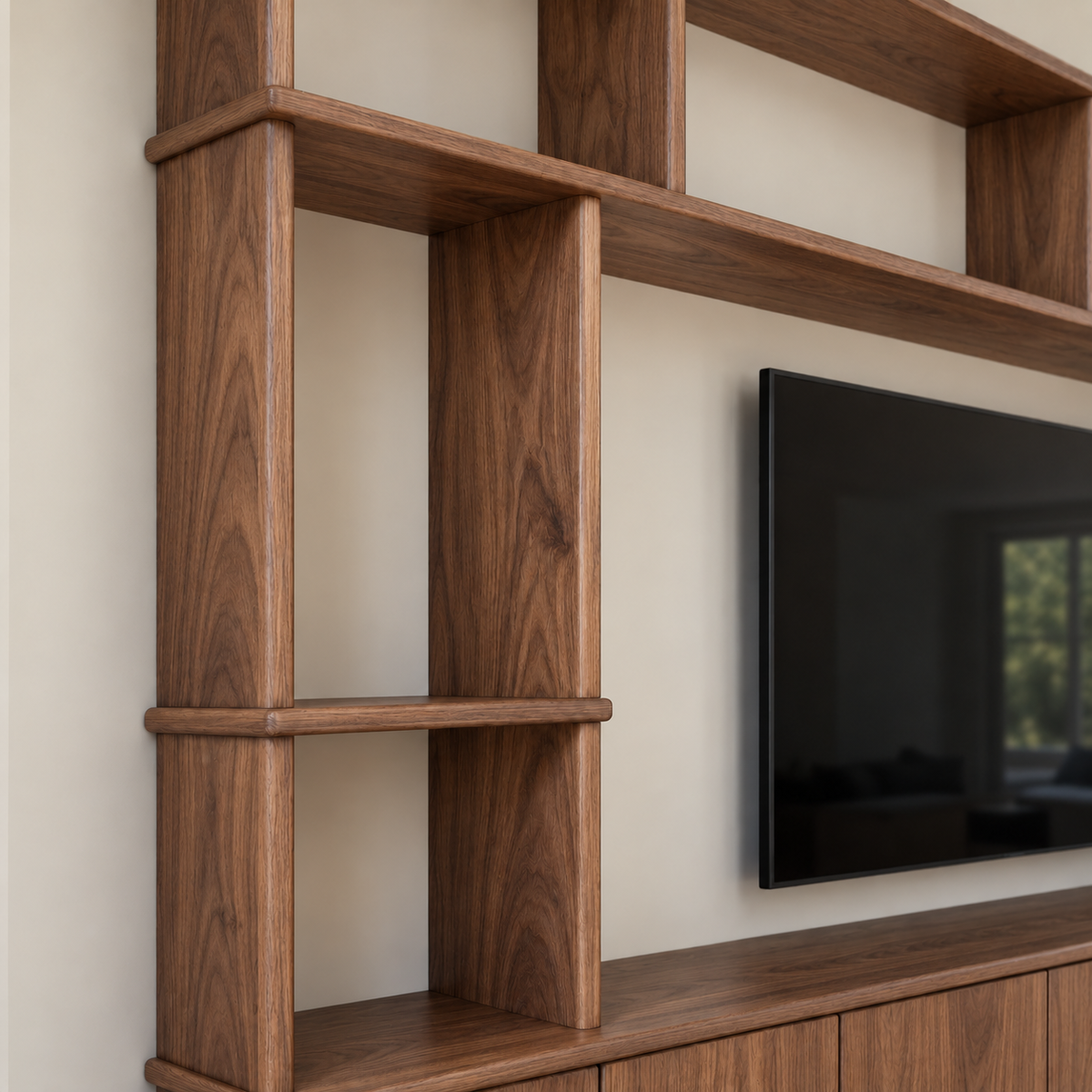 Entertainment center in walnut — shelf detail