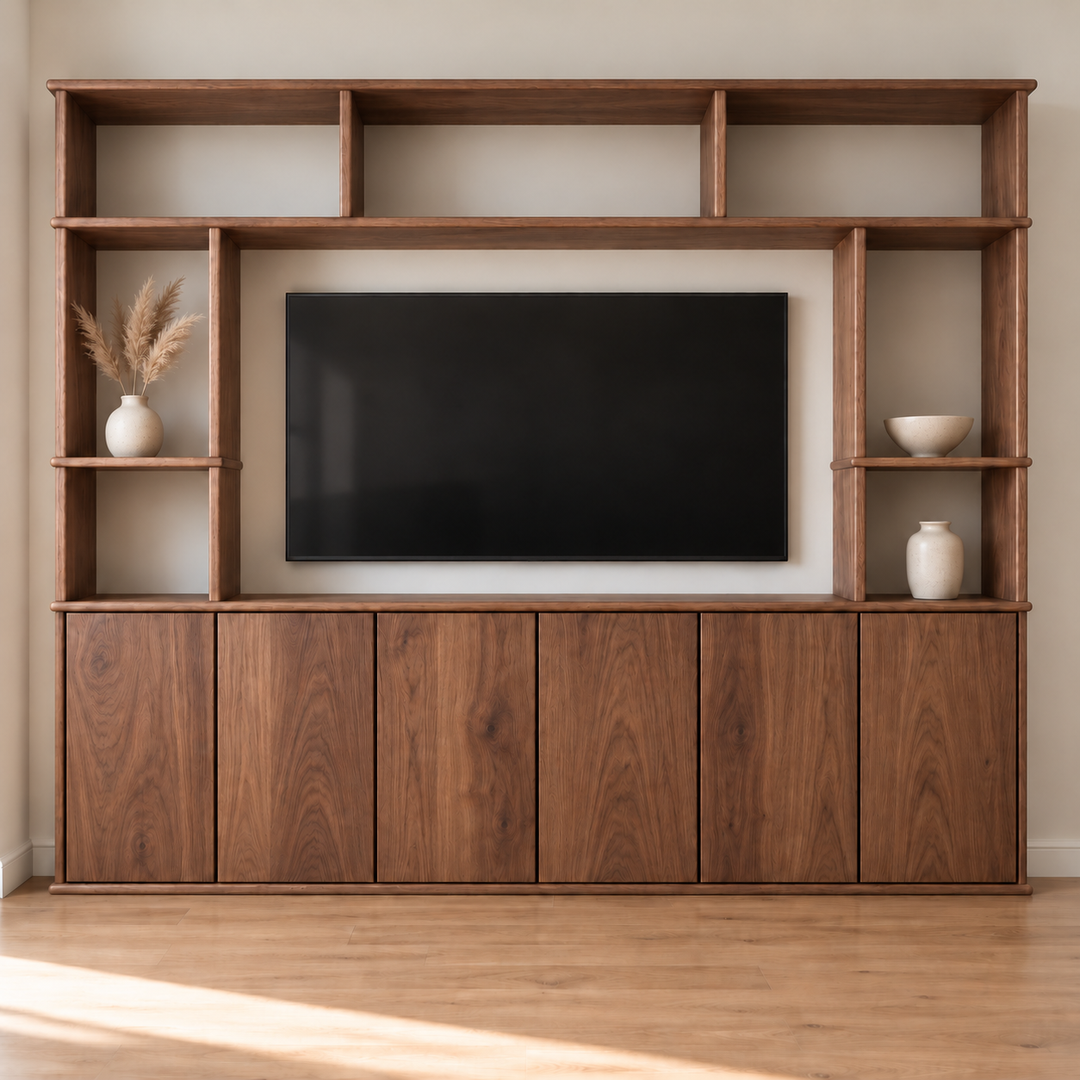 Entertainment center in walnut — with decor