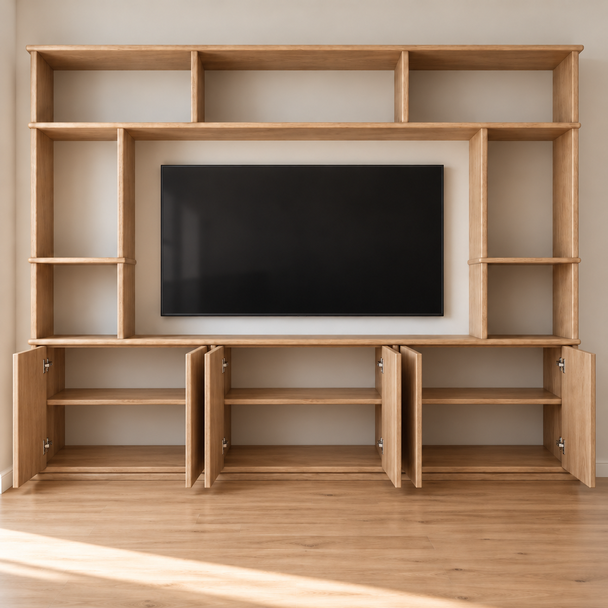 Entertainment center in white oak — doors open