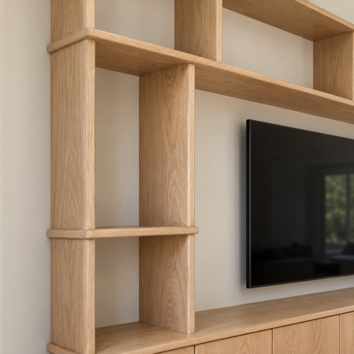 Entertainment center in white oak — shelf detail