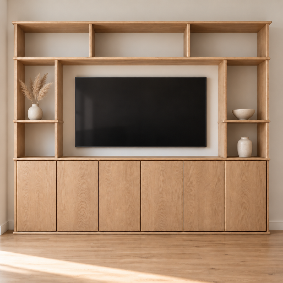 Entertainment center in white oak — with decor