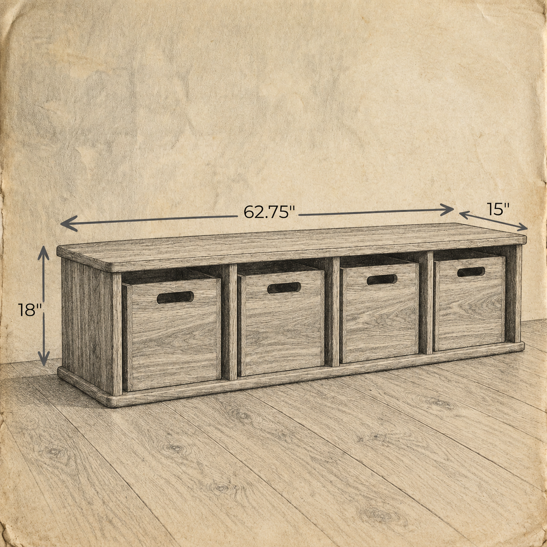 Sketch of a red oak Entryway cubby bench with four storage cubbies, measuring 62.75 inches long, 15 inches deep, and 18 inches high.