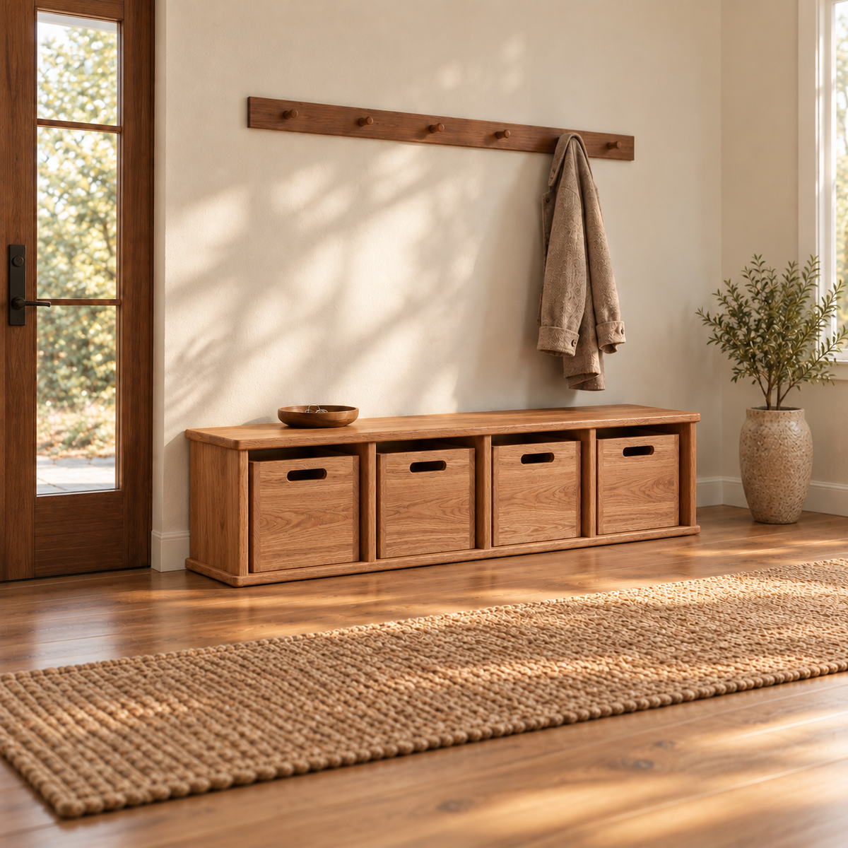 Entryway cubby bench in red oak with four storage cubbies, sitting below a wall-mounted coat rack.
