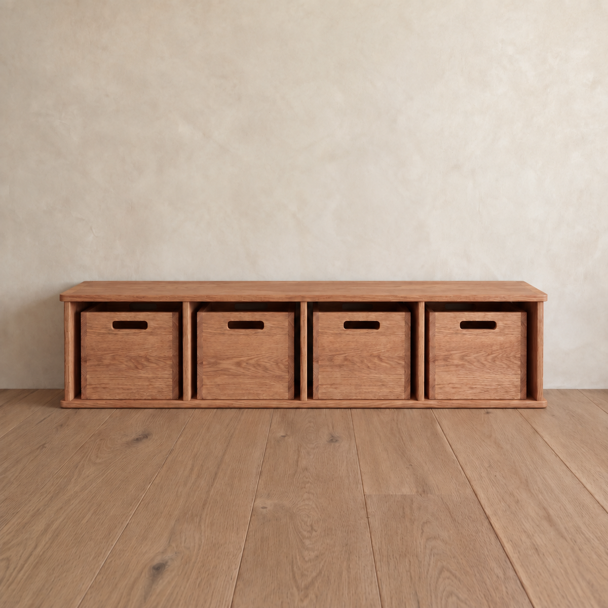 Front view of the entryway cubby bench in red oak, with four removable wooden bins in its cubbies.