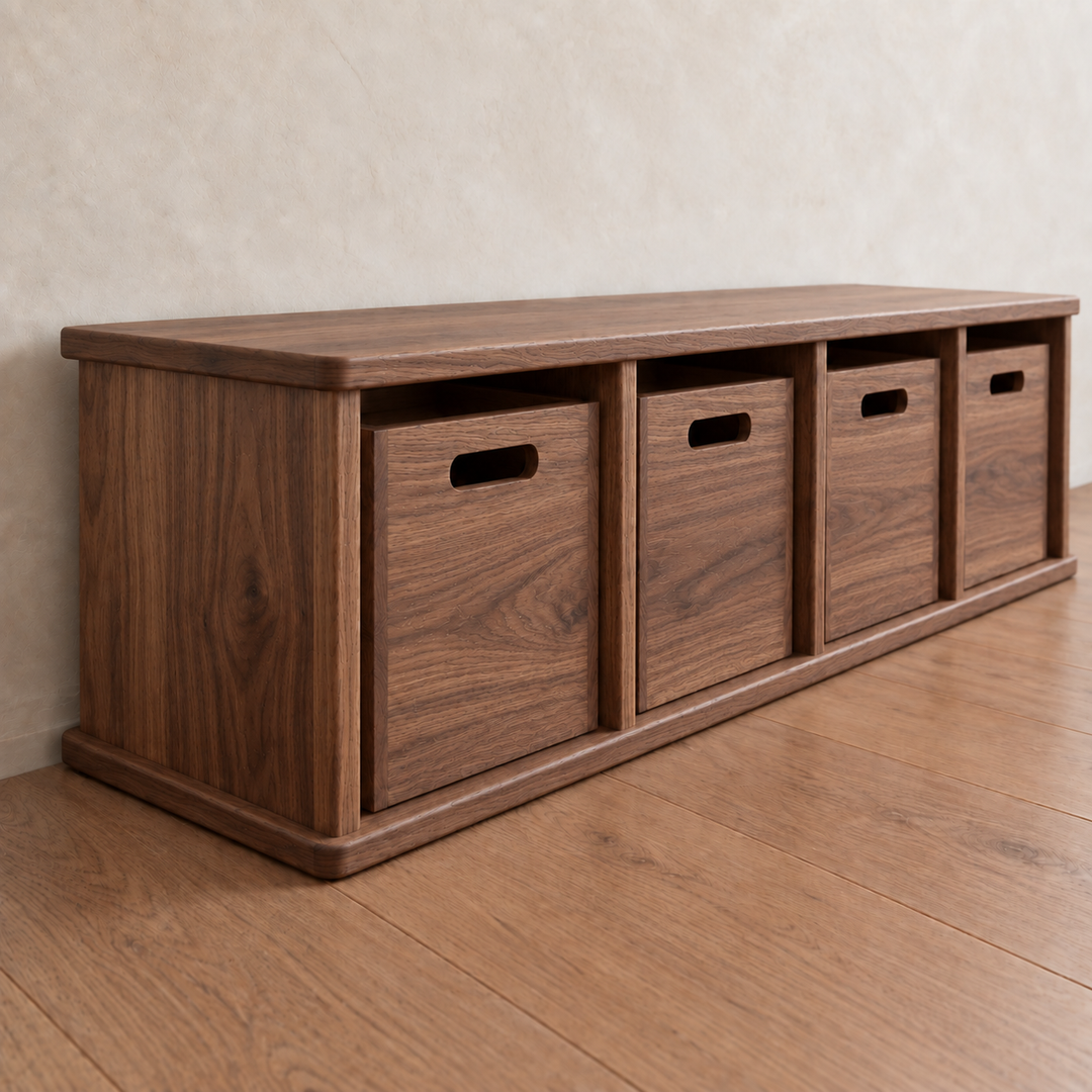 Entryway cubby bench in red oak featuring four cubbies, each containing a matching storage bin with a cutout handle.