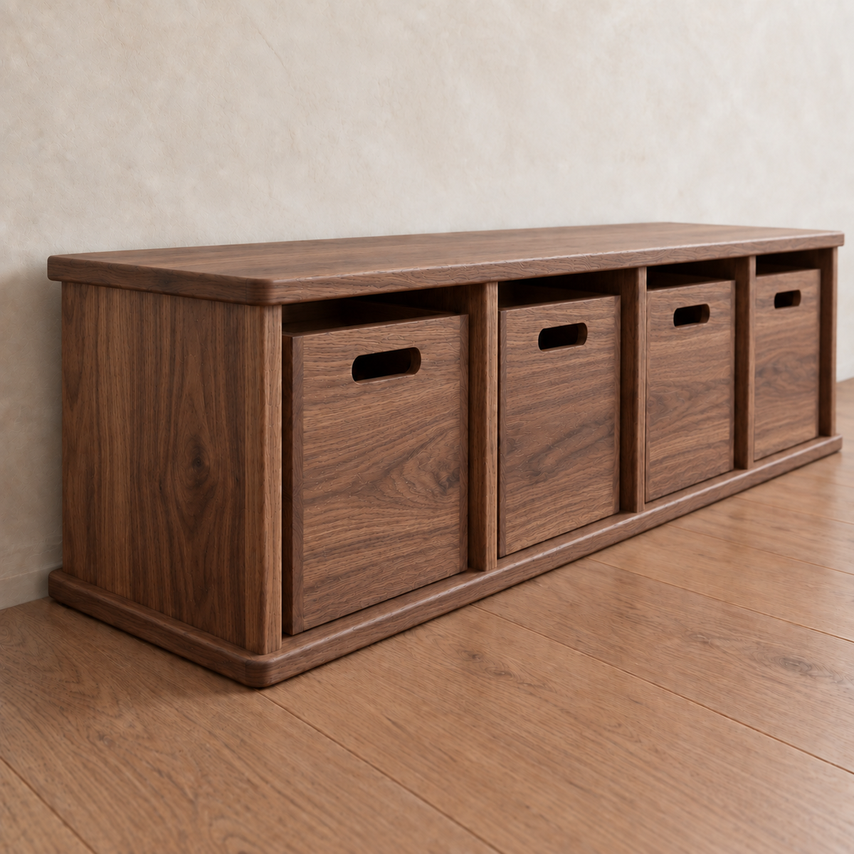 Entryway cubby bench in red oak featuring four cubbies, each containing a matching storage bin with a cutout handle.